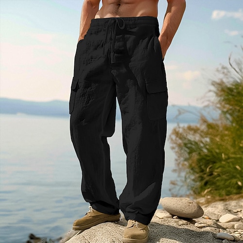 Herren Leinenhosen Hose Sommerhose Kordelzug Elastischer Bund Gerader Schnitt Einfach Komfort Atmungsaktiv Volle Länge Lässig Täglich Ferien Urlaub Mode Schwarz Weiß Image