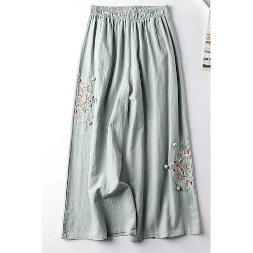 Damen Baumwoll Mischung Stoffhosen Mode Streetwear Volle Länge Natürliche Taille Geometrisch Bestickt Bequem Außenbereich Straße Ausgehen Wochenende Aprikose Hellhimmelblau Schwarz Weiß Sommer Image