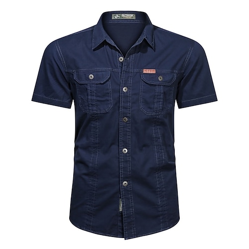 Herren Hemd Sommerhemd Freizeithemd Knopfhemd Cargohemd Denim Blue Schwarz Gelb Dunkel Blau Kaki Kurzarm Einfach Hemdkragen Urlaub Hawaiianisch Tasche Bekleidung 100% Baumwolle Mode Lässig Bequem Image