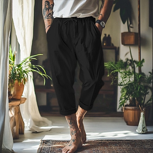 Herren Leinenhosen Hose Sommerhose Baggy-Hosen Strandhose Fronttasche Falten Gerader Schnitt Einfach Komfort Atmungsaktiv Volle Länge Outdoor Urlaub Party Urlaub Mode Lässiger Schnitt Schwarz Weiß Image