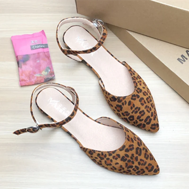 Dame Leopard Braun Gelb OL Sandalen Geschlossene Zehen Schnalle Riemen Flock Schuhe Spitze Mund Flats Elegante Einfache Artikel Amerikanischen Stil