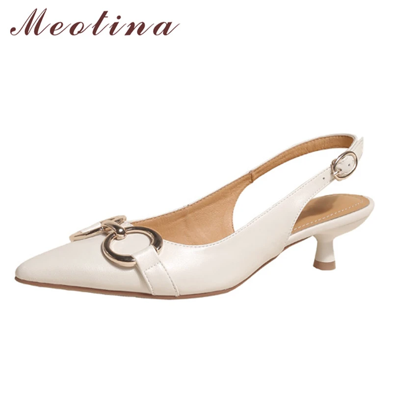 Meotina Echtem Leder Frauen Pumps Schuhe Schnalle Kette Dünne Fersen Pumpen Spitz Med Ferse Damen Schuhe Frühling Beige