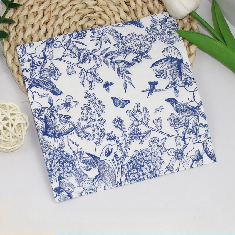 10/20 Stück 33 cm 2-lagiges Skizzenpapier mit Blumen- und Vogelmotiv, bedrucktes Zeichenpapier, Celadon-blaue Tinte, bedrucktes quadratisches Seidenpapier, DIY-Decoupage Image