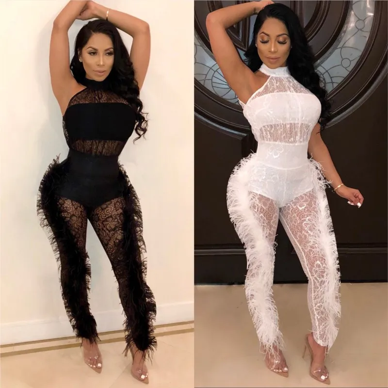 Sexy dentelle maigre combinaison femmes mode sans manches creux blanc noir mince combinaisons 2025 Club fête combinaison femme