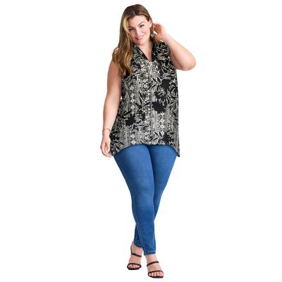 Plus Size Women's Zip Neck Hi-Low Shirt by Avenue in Black Aztec Floral (Size 22/24)