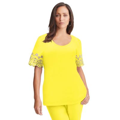 Plus Size Women's Eyelet Scoop-Neck Tee by Jessica London in Yellow Medallion Embroidery (Size 2X)