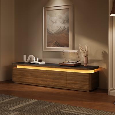 71" Mid-Century Modern TV Stand with Adjustable LED Lights, TV Console with Black Matte Sintered Stone Top, Drop-Down Doors & Drawers, Open Storage for Living Room, Walnut Color, Perfect for 65 Inch TVs, Fully Assembled