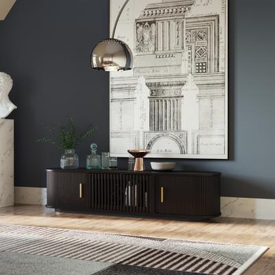70.87" Mid-Century Modern Tambour Door TV Stand, Black on the Ground TV Console, Ash Rolling Door Media Console