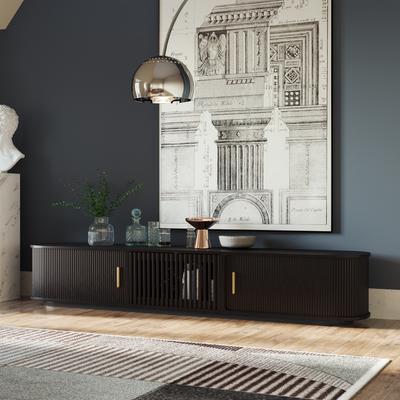 94.49"Mid-Century Modern Tambour Door TV Stand, Black on the Ground TV Console, Ash Rolling Door Media Console