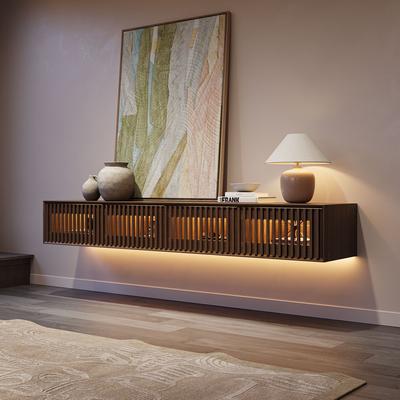 79" Mid-Century Floating TV Console with Adjustable LED Lights, Wall Mount TV Stand for 75-Inch TVs,TV Cabinet with Storage, Walnut Color TV Stand for Living Room