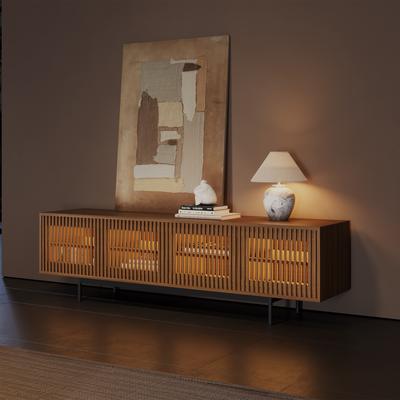 78.74"Mid-Century Modern Slatted TV Stand with LED Lights,Walnut Color TV Console with Storage, Media Console with Metal Legs,LED TV Stand