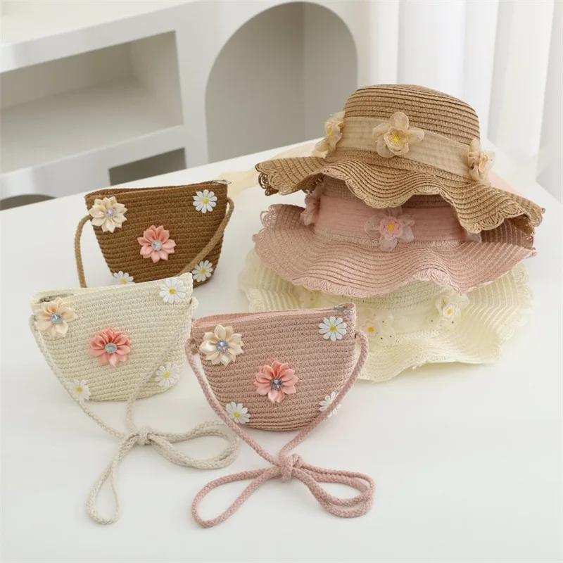 2 stücke kinder Sommer Sonnenschutz Hut frauen Stilvolle Spitze Prinzessin Strand Kappe Sonnenschirm Stroh Hut Für Kinder Anzug zubehör Image