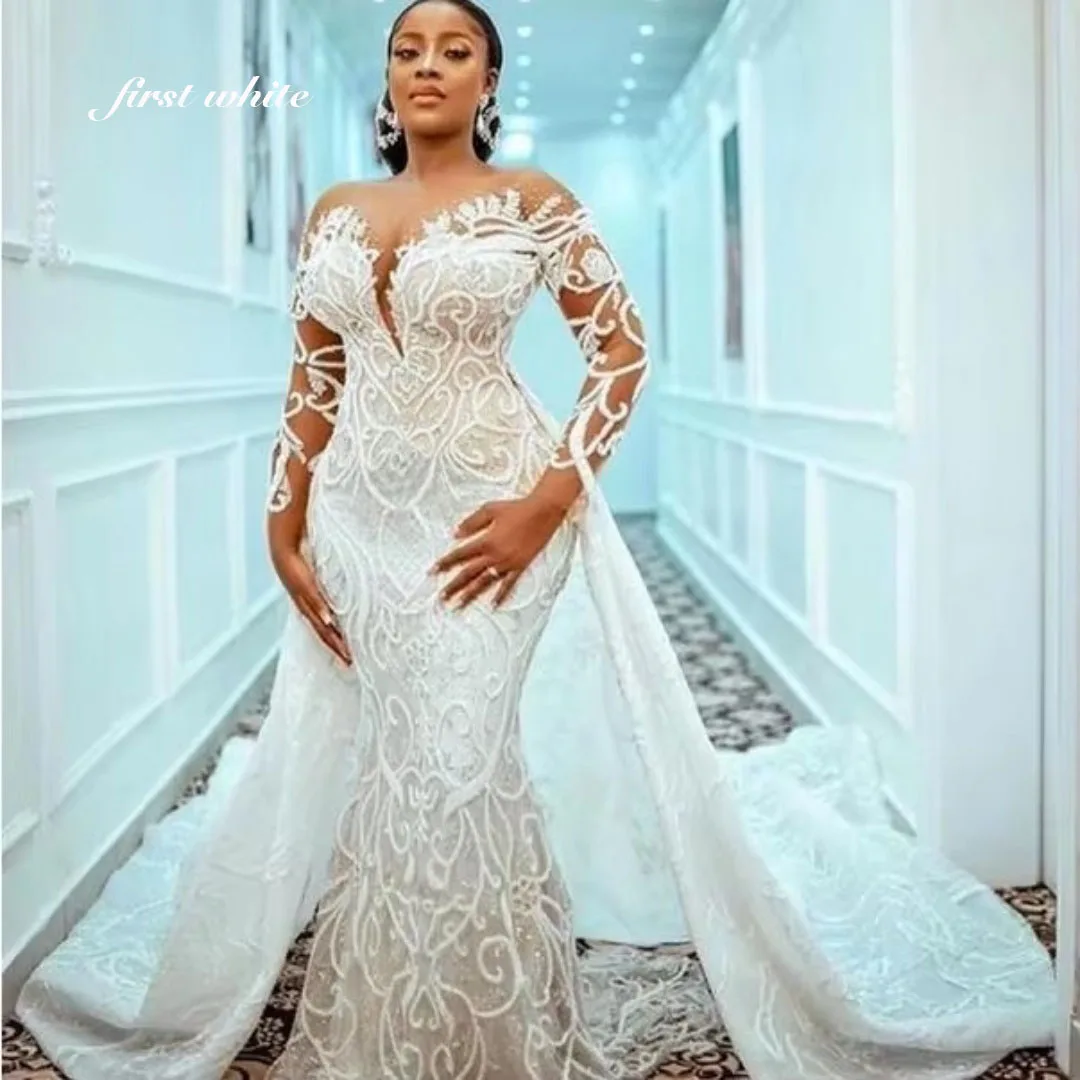 Customized Plus Size Mermaid Wedding Dress Detachable Train Beaded Lace Appliqued African Aso Ebi Bridal Gown Robe DeMariée