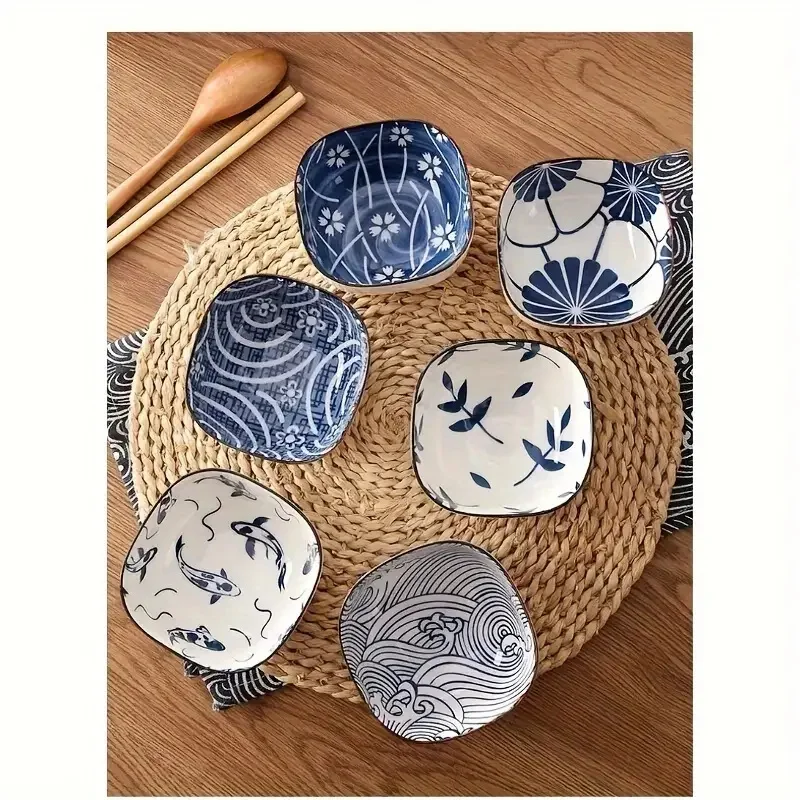 6 Stück Vintage blaue Dipschalen aus Keramik im japanischen Stil, Mini-Vorspeisenteller, verdickt, spülmaschinenfest, kleine Beilagen Image