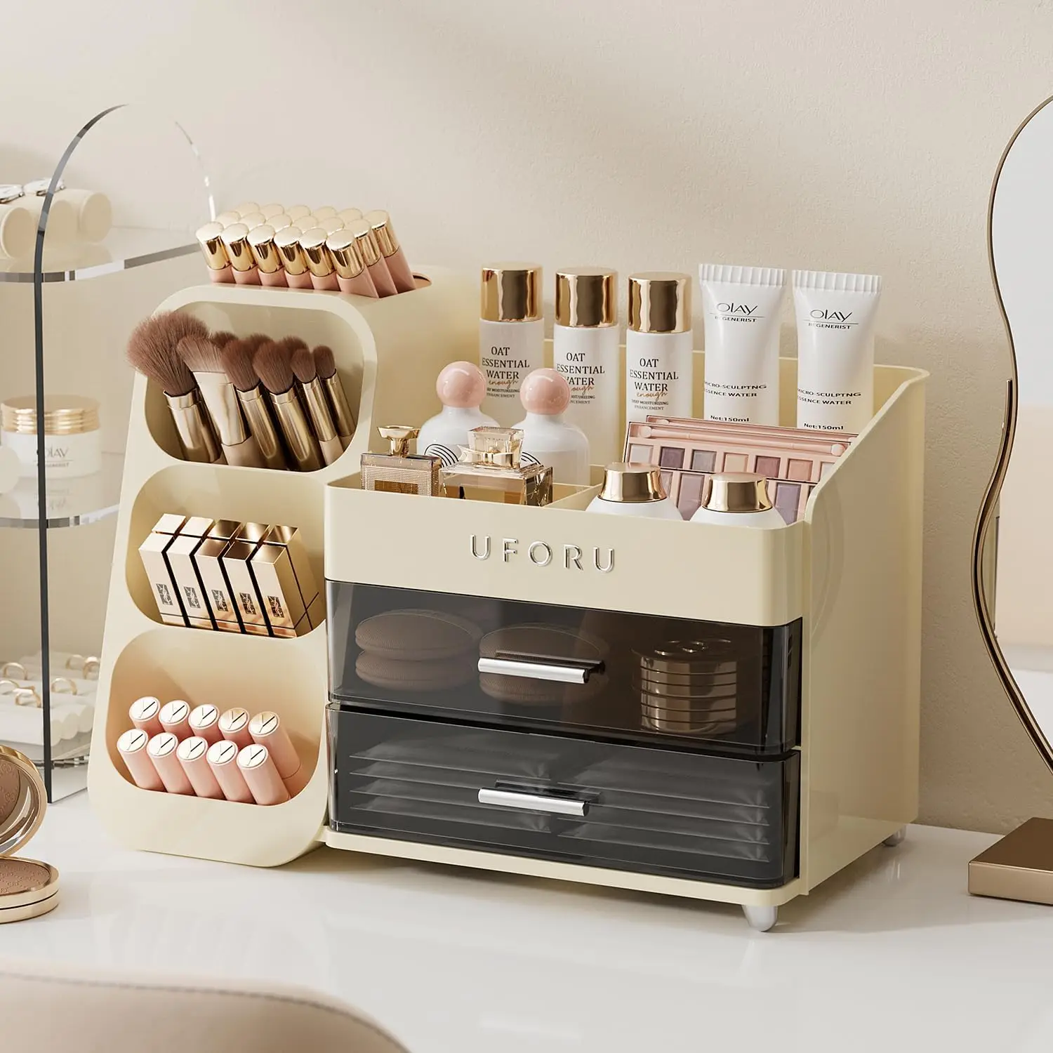 2-Schubladen Make-up Organizer mit Pinselhalter Geräumiger Schminktisch-Aufbewahrungsbehälter für Hautpflege, Parfüms und Lidschatten-Paletten