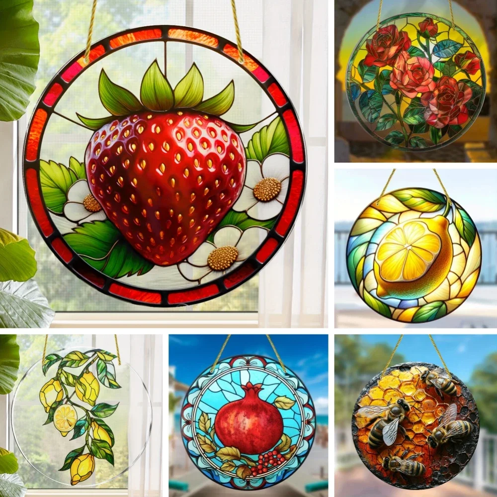 Obst gebeizt Fenster Sun catcher Granatapfel Zitrone Traube bedruckte Acryl platte für Home Room Decor Wandbehang Anhänger Ornament Image