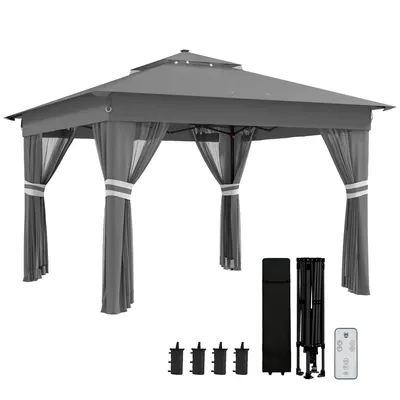 Outsunny 3 x 3(m) Pop Up Gazebo with Sides, 20 Solar-Powered LED Lights, Netting, Roller Bag, 4 Weight Bags, Marquee Party Tent