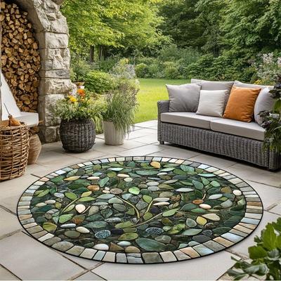 TEMU 1pc Hkstorage Pebble And Leaf Pattern Round Mat – Soft, Washable Polyester With Mosaic Design For Outdoor, Living Room, Or Dining Area Decor, Area Rugs Living Room Image