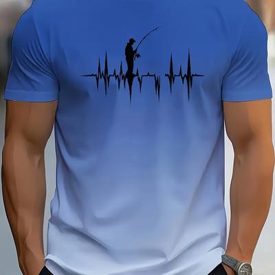 TEMU Men's Gradient Color T-shirt With Fishing Silhouette Graphic - Casual Round Neck Short Sleeve, Polyester, Machine Washable, Ideal Summer Gift, Gift For |unique Fishing Design|polyester Fabric Image