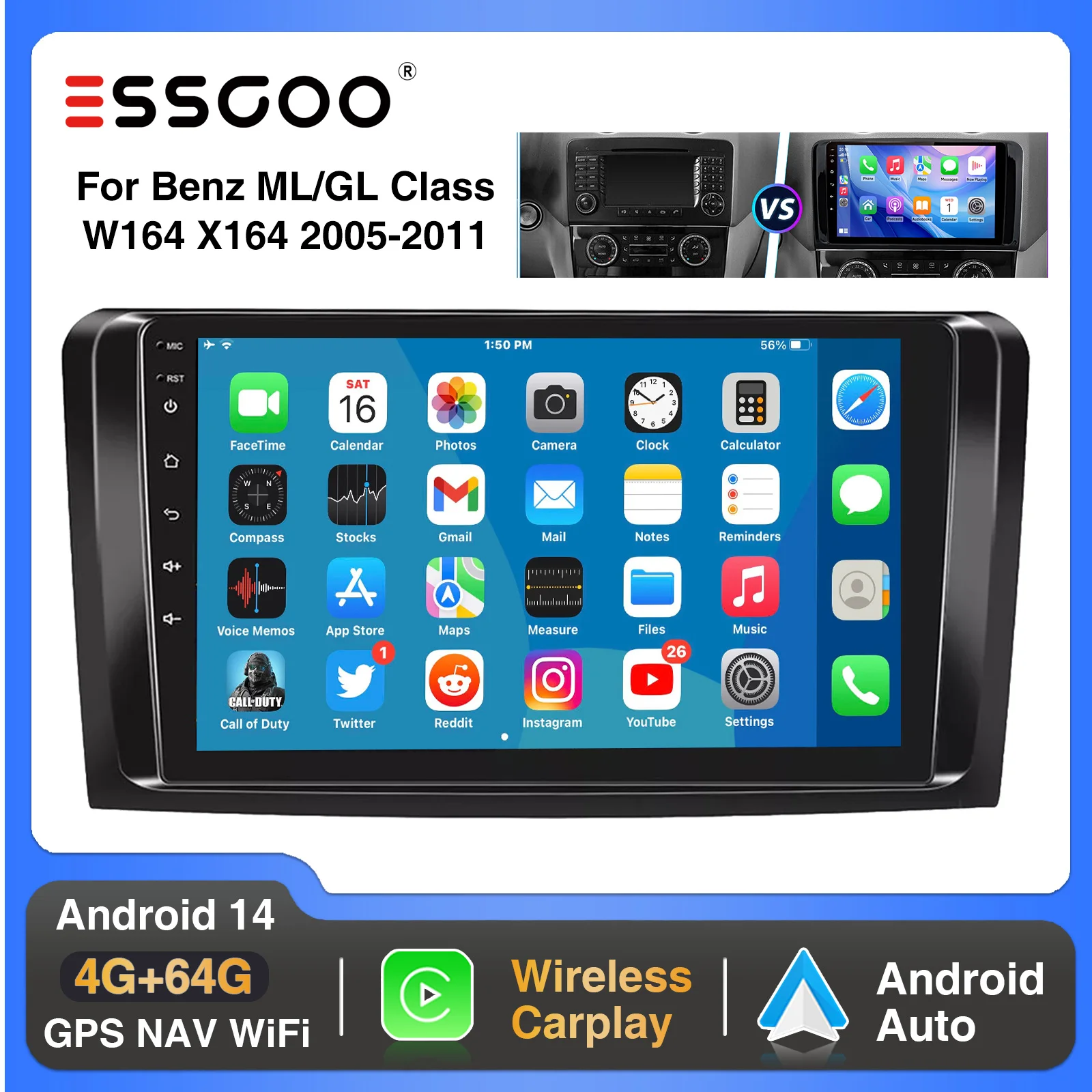 ESSGOO Android 14 9 "Autoradio Radio Carplay Für Mercedes Benz ML/GL Klasse W164 X164 2005-2011 GPS Navi RDS Multimedia Player Image