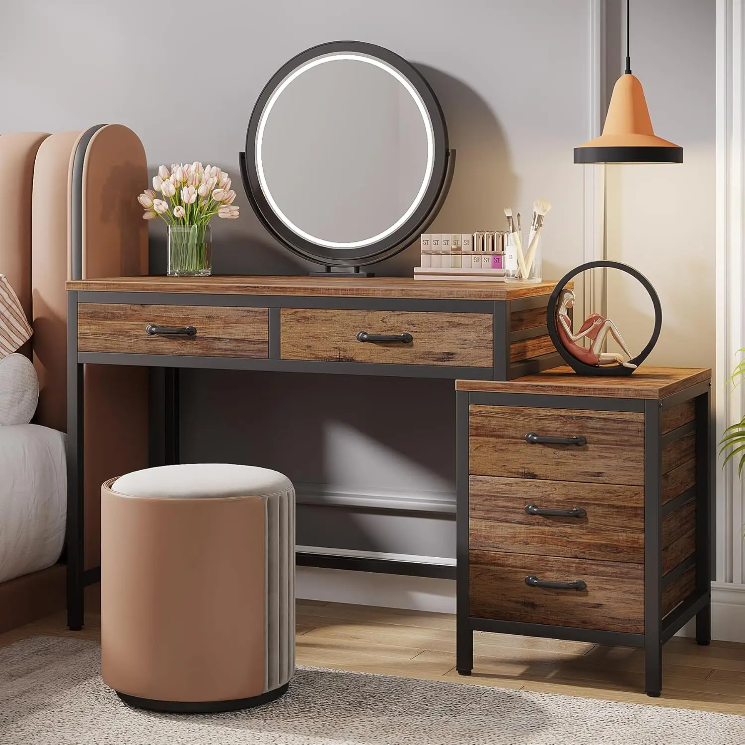Schminktisch mit 5 Schubladen, Schminktisch, Schminktisch mit seitlicher Kommode mit 3 Schubladen (ohne Spiegel) Image