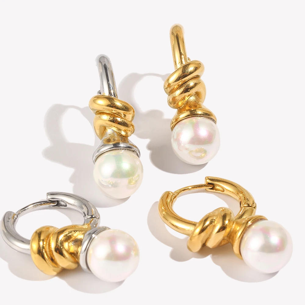 E.B.belle PVD vergoldet, silberfarben, Metallknoten, Perlen-Creolen, Edelstahl, eleganter Stil, beliebter Schmuck im Großhandel Image