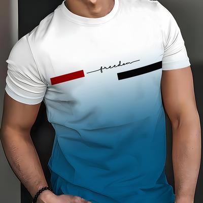 "TEMU Men's Paris Gradient 3d Printed T-shirt - "" Letter Design, Breathable Polyester, Crew Neck, Short Sleeve, Casual & Sporty Summer Top, Machine Washable" Image