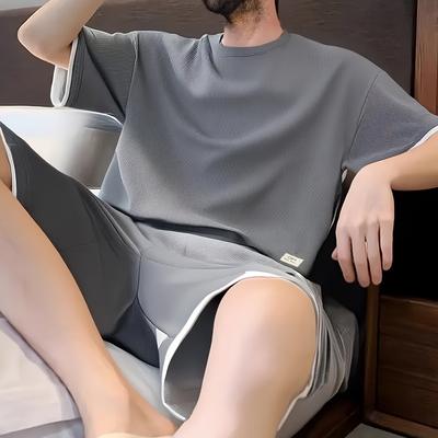TEMU Waffle Men's Short-sleeved Shirt And Shorts Set, Spring/summer/fall Casual Wear For Men Image
