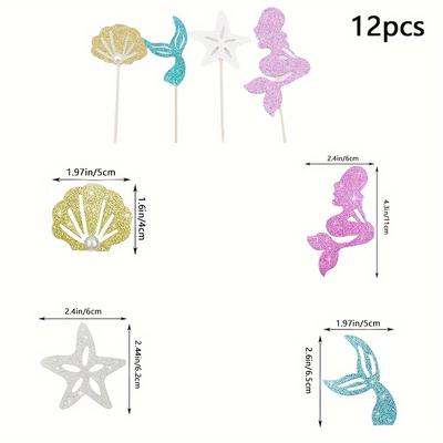 TEMU 12pcs Glitter Mermaid Cupcake Toppers Mermaid Theme Birthday Party Baby Shower Supplies Under The Sea Party Favors Mermaid Starfish Shell Mermaid Tail Cake Picks Set Image