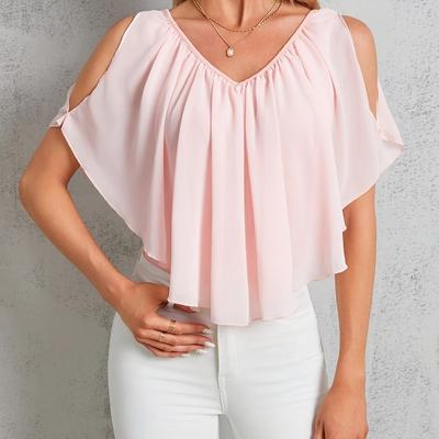 TEMU Women' Color Cold Shoulder Pleated T-shirt Image