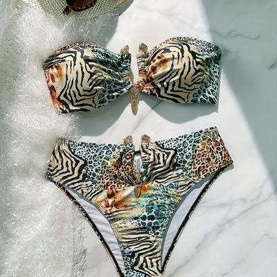 TEMU Women's Fashion Zebra And Leopard Print 2pcs Bikini Set With V-neck Metal Pendant Triangle Bottoms, Women's Clothing And Image