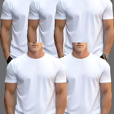 TEMU 5pcs Men' Color T-shirt Set - Breathable & Comfortable, Summer Casual Wear And Daily Activities, Dark Blue, Maroon, White, Black, Red, Casual Summer Wear | | Comfortable Fi Image