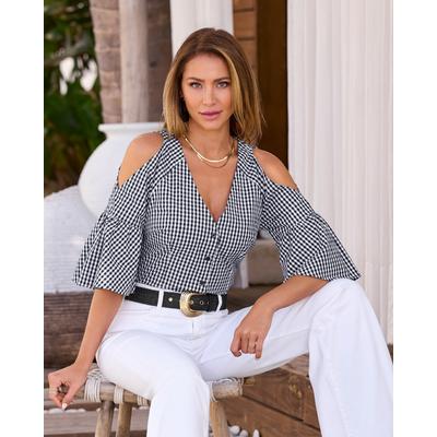 Boston Proper - Black/White Gingham - Cold Shoulder Print Button Up Top - XS