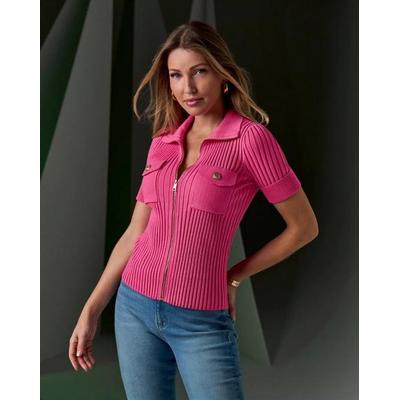 Boston Proper - Shocking Pink - Wide Rib Zip Up Sweater Top - Small