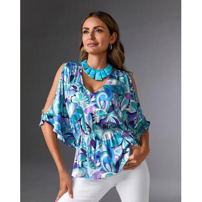 Boston Proper - Maldives Abstract Purple - Print Cold Shoulder Blouson Blouse - 2XS