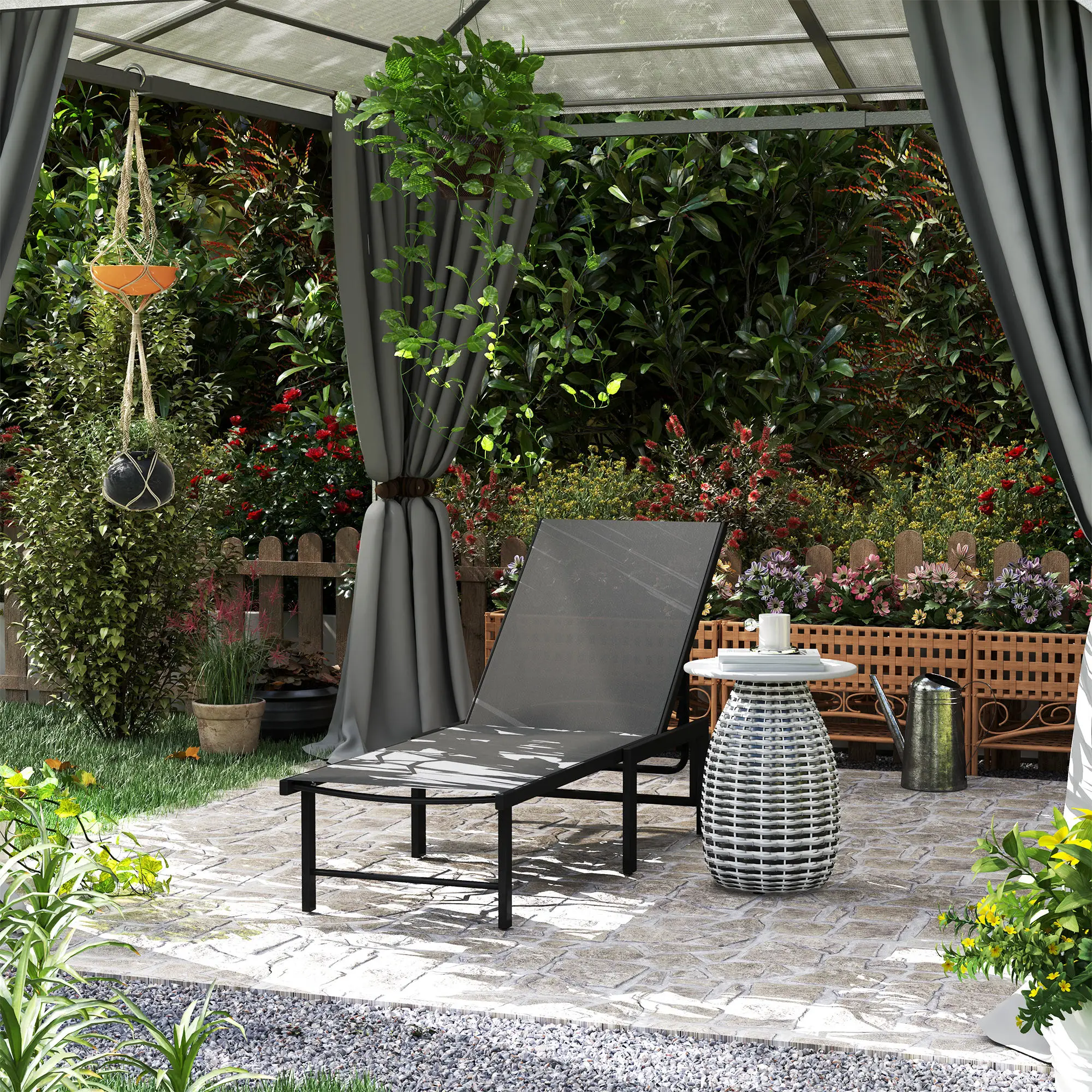 Outsunny Sun Lounger for Garden, 5-Level Reclining Sun Lounger Chair, Flat Garden Lounger Sunbed with Texteline Seat