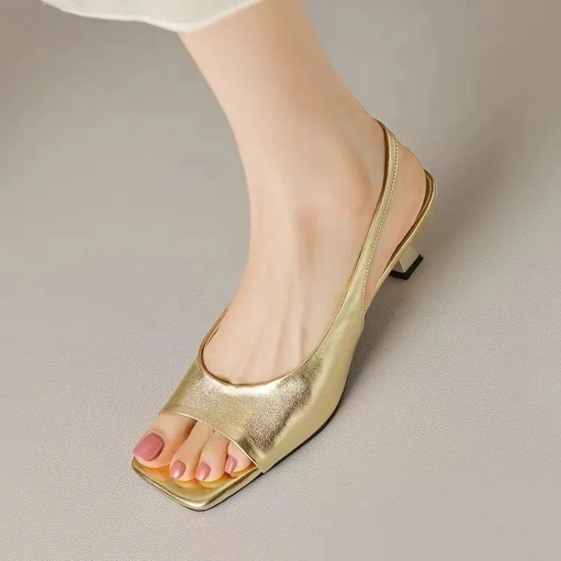 Women's Sandals for Office Work Open Toe with Low Heels Gold Ladies Shoes Sexy Roman Style Chic and Elegant Wholesale Korea or F
