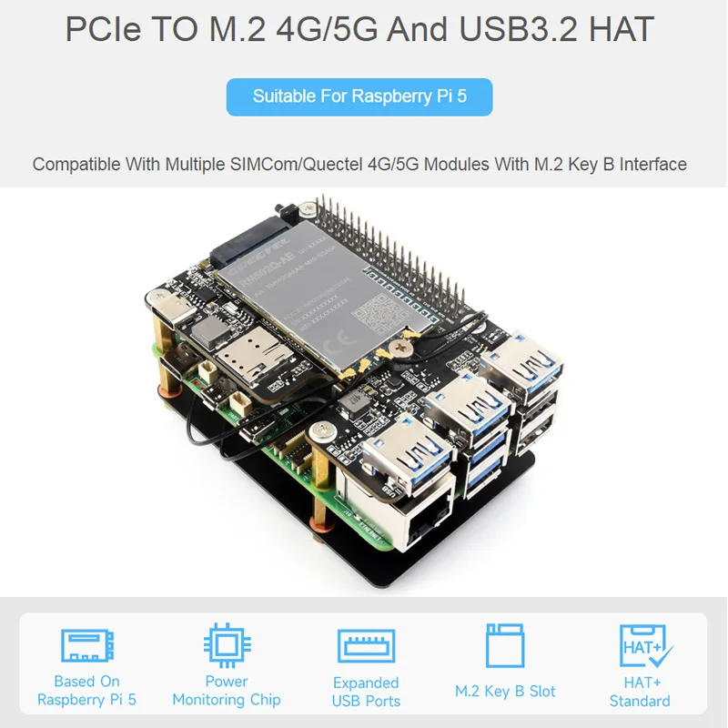 PCIE bis M.2 4G/5G USB 3,2 Hut für Himbeer Pi 5 kompatibel mit Simcom/Quectel 4G/5G Modulen Hoch geschwindigkeit netzwerk für RPI 5 Image
