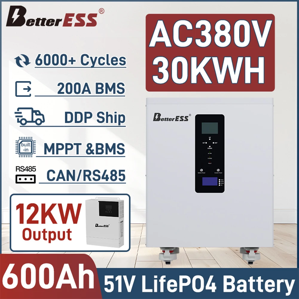 BetterESS All-in-One 30 kWh 3-Phasen-Lifepo4-Batterie 48 V 600 Ah 400 Ah Powerwall integrierter 12-kW-Wechselrichter MPPT ESS Heim-Solarenergie Image