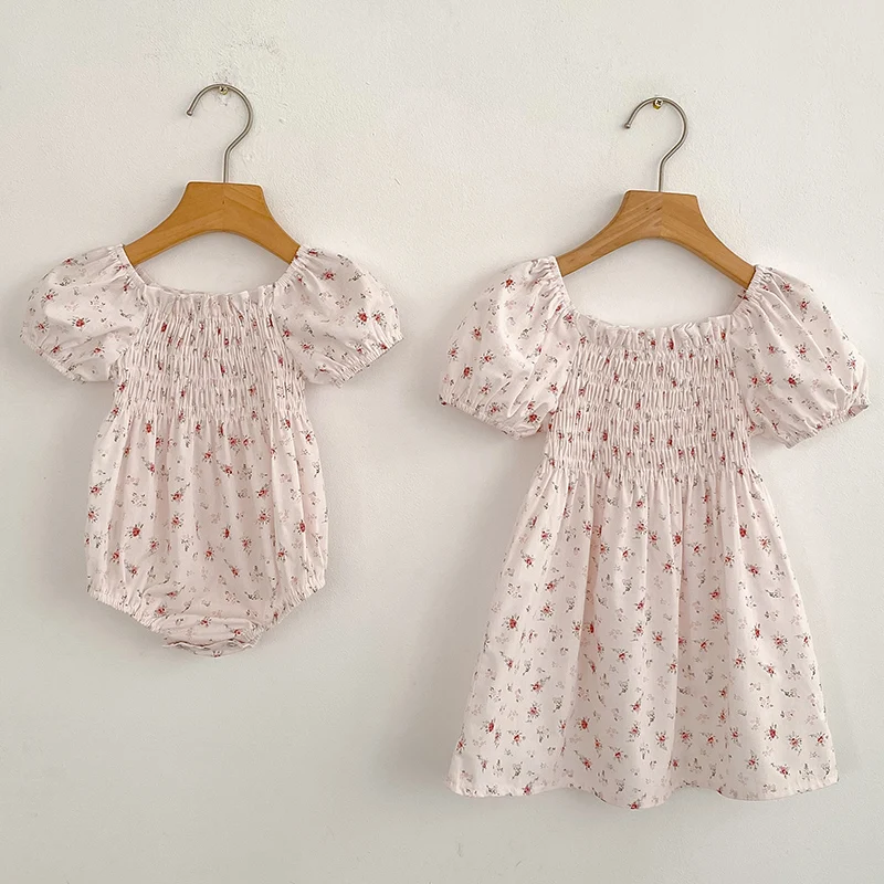 Mädchen Schwester Kleidung Sommer Schwester Neugeborenes Kleinkind Baby Mädchen Spitze Overall Süße Baby Mädchen Rosa Blumen Kinder Prinzessin Kleid Image