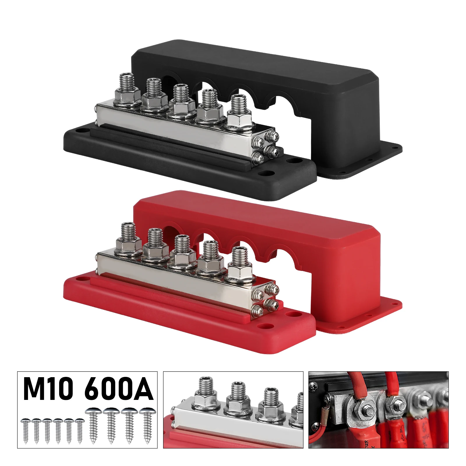 600A 12-48V Sammelschienenklemme Stromverteilerblock M10 Bolzen DC Positiver Negativklemmenblock Boot Auto RV Kabel Organizer Image