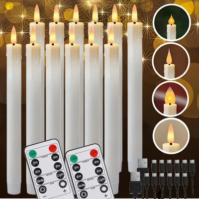 Rechargeable Flameless LED Taper Candle Timer Remote Flickering Dripping Wax Window Tall Candlestick with 24Pc Plastic Lamp Head