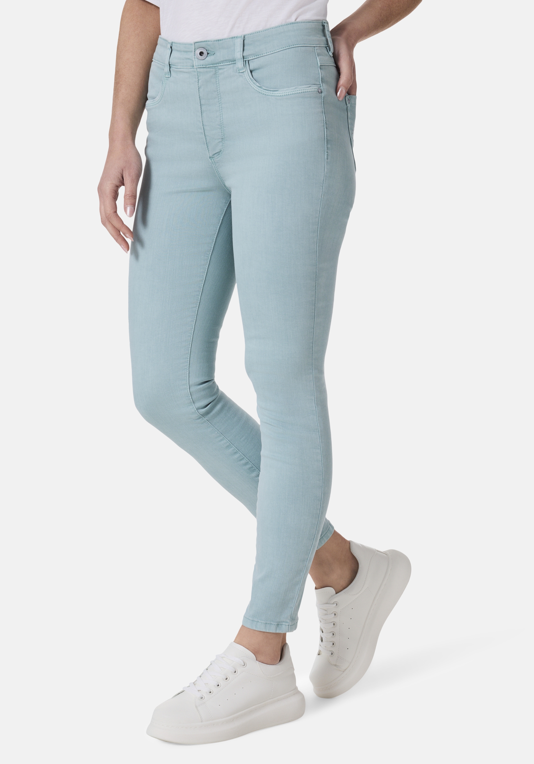 5-Pocket-Jeans STOOKER WOMEN "Rio Fexxi Move Strass Skinny Fit", Damen, Gr. 44, Länge 28, blau (blau aqua), Denim/Jeans, 83% Baumwolle, 16% recycled Polyester, 1% Elasthan, skinny fit lang, Jeans 5-Pocket-Jeans, Skinny Fit Casual Clean Wash Denim...