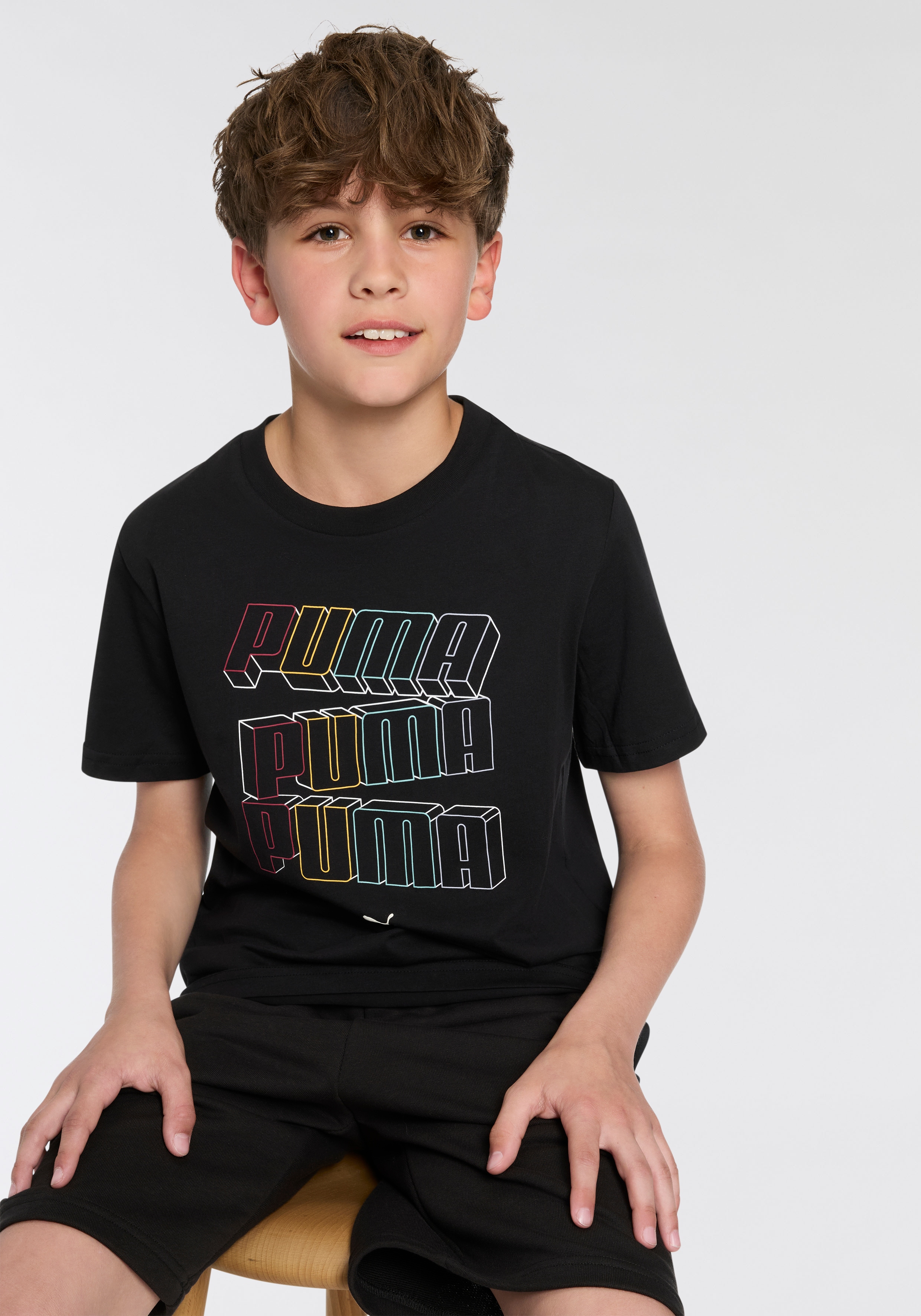 T-Shirt PUMA "ESS LOGO LAB HOG TEE B", Jungen, Gr. 152, schwarz (puma schwarz), Jersey, Obermaterial: 100% Baumwolle, unifarben, regular fit normal, Rundhals, Shirts T-Shirt, Kurzarm, sportlicher Stil, Rundhalsausschnitt, Puffprint Grafik