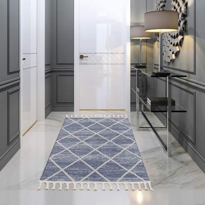 Teppich CARPET CITY "Art 2646", blau, B:80cm H:7mm L:300cm, Polypropylen, Teppiche, Läufer, Kurzflor, mit Kettfäden, Rauten-Optik, Fransen Image