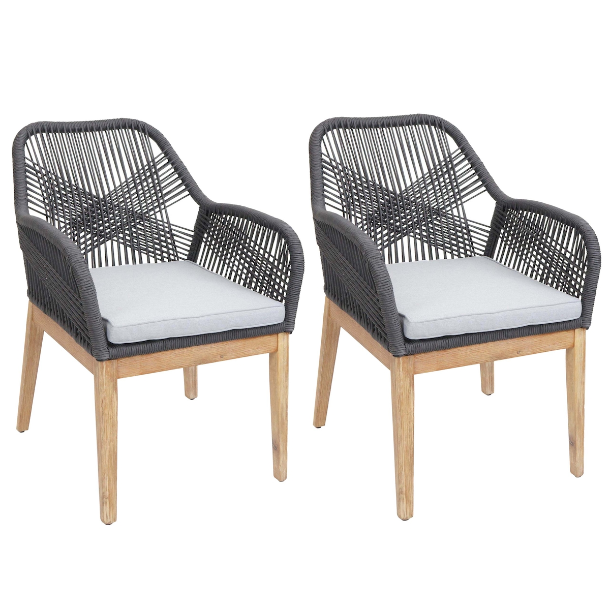 Mendler 2er-Set Gartenstuhl HWC-H56b, Sessel Outdoor, wetterfest Seilgeflecht Rope Holz Akazie ~ dunkelgrau Kissen hellgrau Image