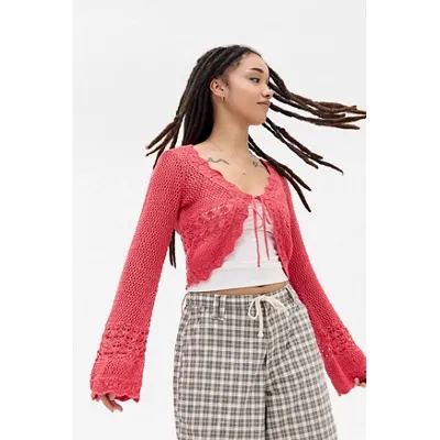 UO Rhodes Stitchy Tie-Front Cardigan - Coral XS at Urban Outfitters