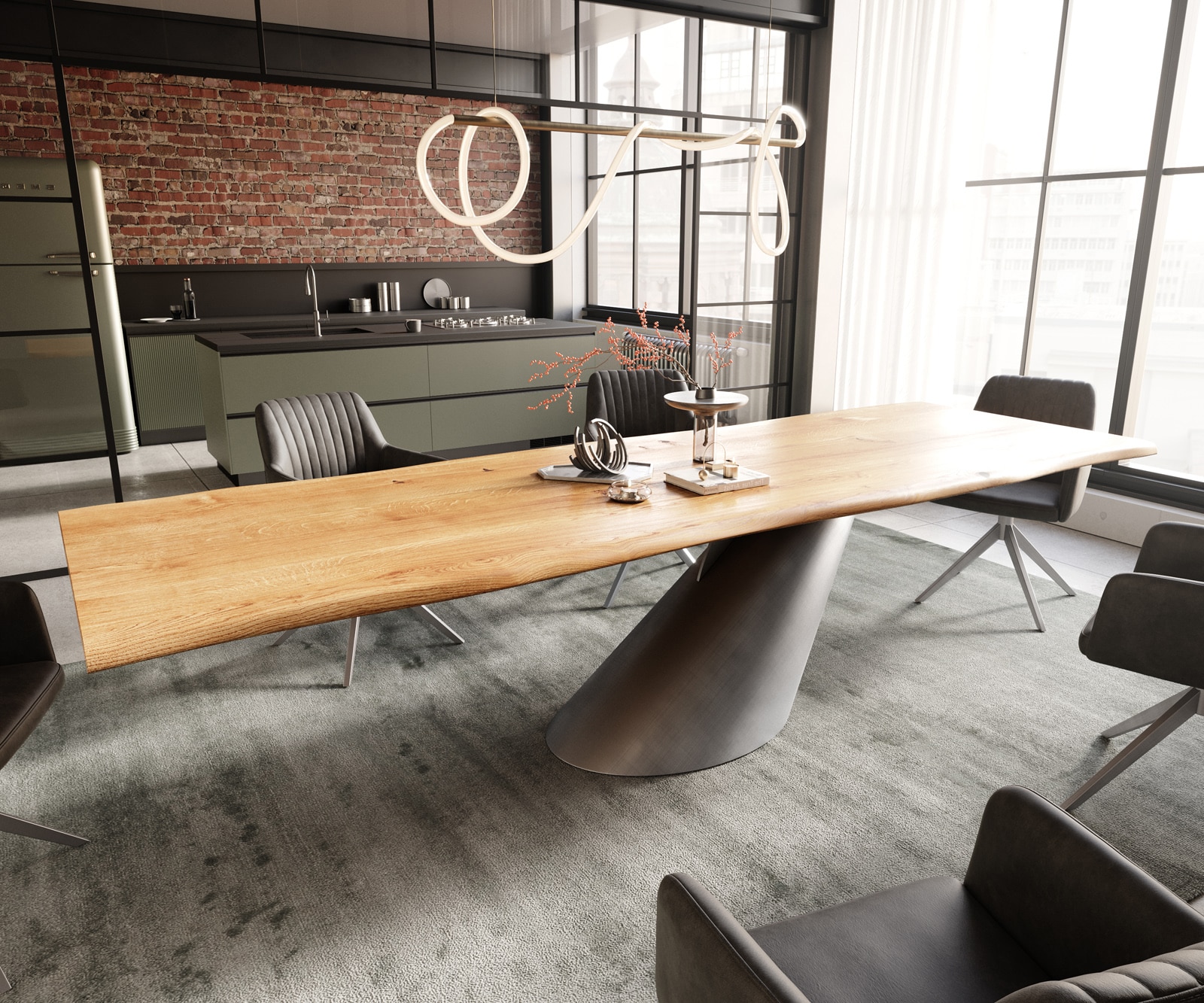 DELIFE Esstisch Edge 300x100x4 Eiche Natur Cono Metallic Silber Live-Edge, Esstische, Baumkantenmöbel, Massivholzmöbel, Massivholz Image