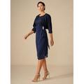 abito da cocktail per invitati a nozze da donna, in chiffon, in pizzo, patchwork, elegante, primaverile, autunnale, midi, scollo rotondo, manica a 3/4, blu navy
