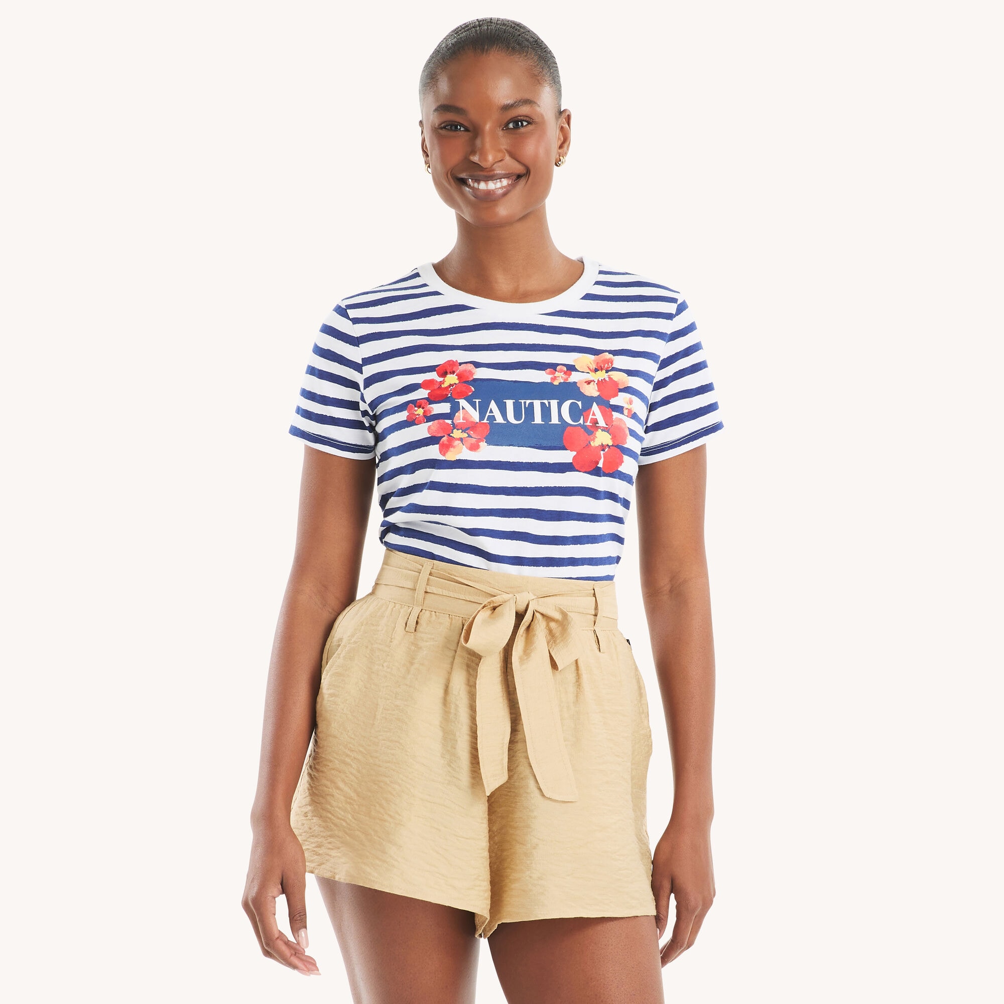 Nautica Women's Puff Stripes And Flowers Graphic T-Shirt 101 (Bright White), L